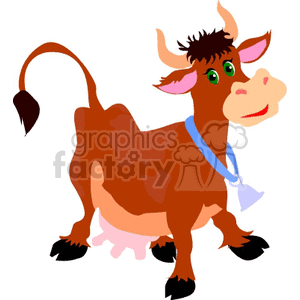 The clipart image depicts a cartoon representation of a brown cow with a blue collar and a bell. The cow has a friendly appearance with large, expressive eyes, and it is standing with its tail slightly raised.