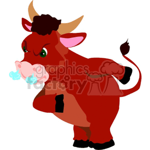The clipart image shows a caricature of a red bull with an exaggerated muscular build, standing on its hind legs. The bull has a grumpy or angry expression with its eyebrows furrowed and steam coming out of its nostrils, indicating it's upset. The bull is also holding up a hoof, as if making a gesture.
