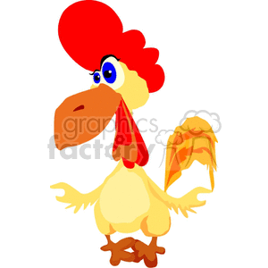 The clipart image depicts a cartoon rooster. It features the rooster with a red comb and wattle, an orange beak, blue eyes, a yellow body, and an orange and yellow tail.
