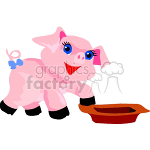 The clipart image depicts a cartoon of a cute, smiling baby pig that is pink in color. The pig has big blue eyes and a little bow on its tail. Next to the pig, there appears to be a brown dish or trough, possibly representing a feeding dish for the pig. 
