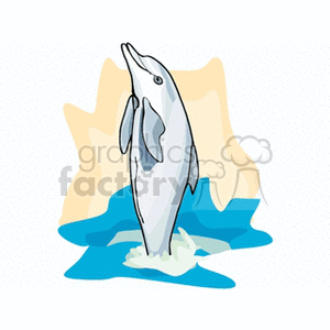 The image is a clipart illustration of a dolphin leaping out of the water. The background suggests a sunny day with some abstract shapes that could be interpreted as simplified waves or beach.
