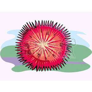 The image depicts a stylized representation of a sea urchin. The sea urchin appears to have a circular body with radiating spines. It's presented in vivid colors, including shades of red and purple, with accents of pink and green, against a background that loosely suggests a marine environment with abstract shapes in blue and green, resembling water and perhaps algae or seagrass.