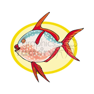 The clipart image displays a colorful cartoon fish with a whimsical design. It features a prominent lip, a patterned body with various dots and stripes, and vivid red fins and tail.