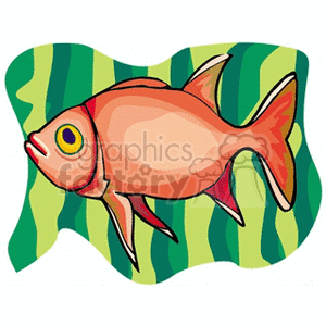 The clipart image features a stylized cartoon depiction of a fish. The fish appears in a side profile, with visible fins and a prominent eye. It is colored in shades of orange and red, with a yellow eye rimmed with a touch of orange. The background consists of wavy green and blue lines, suggesting an aquatic environment.