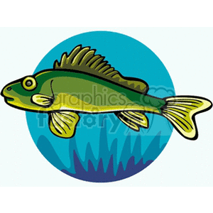 The image shows a stylized cartoon of a green and yellow fish with fins and a prominent dorsal spine, depicted against a blue circular background that suggests an aquatic environment. Some aquatic plants are hinted at the bottom.