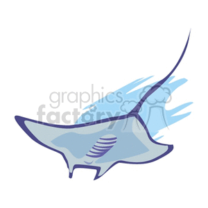 The image is a stylized illustration of a stingray. The stingray is depicted in a side profile with a streamlined shape, and it appears to be swimming through water as indicated by the wavy lines adjacent to its body, suggesting movement.