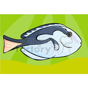 The clipart image features a cartoon of a tropical fish. It has a simple design with prominent colors like white, shades of blue, and a touch of pink on its tail fin. The fish is set against a green background with streaks of lighter green, giving the impression of underwater lighting or seaweed in the background.
