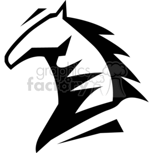 A stylized black and white clipart image of a horse's head in a modern, abstract design.