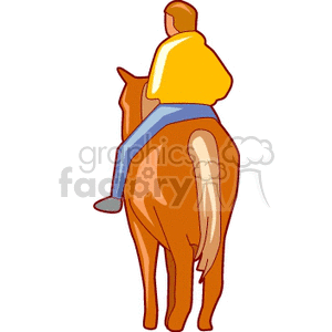 Clipart image of a person wearing a yellow shirt and blue pants riding a brown horse, viewed from behind.