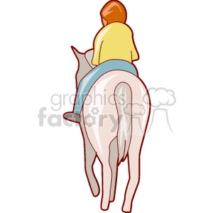 Clipart image of a person with red hair riding a white horse, viewed from the back. The person is wearing a yellow shirt and blue pants.