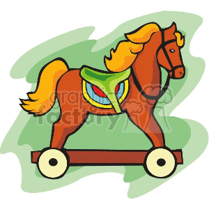 A clipart image of a toy horse on wheels with a green background.