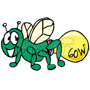 A cartoon depiction of a green insect with wings and a bulbous rear end resembling a lightbulb labeled '60W'.