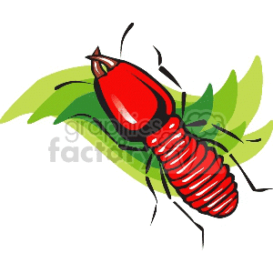 A vibrant red insect depicted over green leaves in a clipart style.