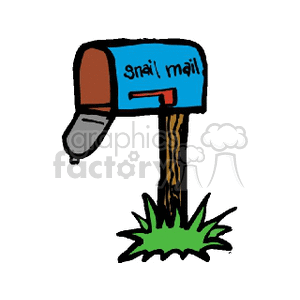 This clipart image depicts a playful take on a traditional mailbox, designed to resemble a snail. It has a blue mail box with the words snail mail written on it, a brown mailbox post, a gray snail's body that functions as the mailbox opening, and a bit of green grass at the base.