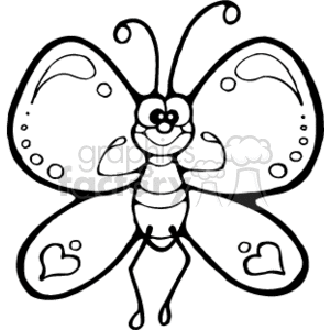   The image is a black and white clipart of a stylized, happy butterfly. The butterfly has a smiling face with large eyes and is depicted with patterned wings that include heart shapes. Since it