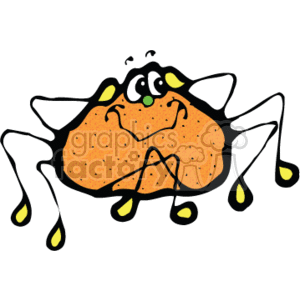 The clipart image features a stylized, cartoonish spider with a humorous or silly facial expression. The spider's body is an orange or brown color, and it has eight legs spread out in a somewhat exaggerated country style. Each leg ends with what appears to be a little drop, possibly representing feet of some kind. The spider's eyes are prominent and looking upwards, and it has a quirky expression that suggests a light-hearted or funny character. This type of image is typically seen in illustrations or children's books where animals and insects are anthropomorphized for entertainment or educational purposes.