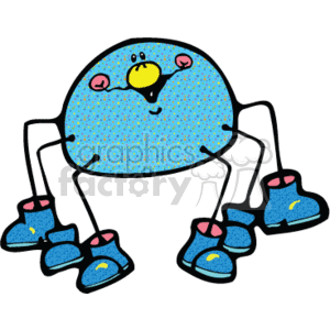   The image is a whimsical, cartoon-style depiction of a blue spider. The spider has a large, round body with a pattern of smaller dots, two big eyes with pink cheeks, and a small smiling mouth. It has eight thin legs that splay out from its body, and amusingly, each leg ends in what looks like a country-style boot. The boots are blue with light blue accents and yellow laces. The image definitely fits into a cute and silly category, aimed to make spiders appear more charming than threatening, which is a common theme in children