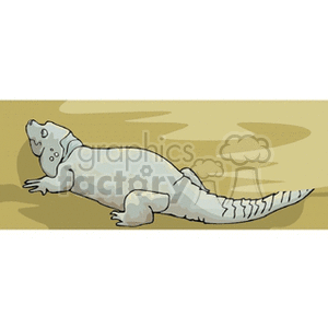 The image is a clipart illustration of a lizard lying on a flat surface. The drawing style is cartoonish, and the lizard appears relaxed or in a resting pose. The background has a simple gradient with shades of brown and beige, possibly representing a desert or rocky environment which is a typical habitat for lizards.