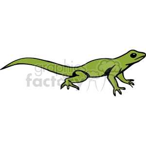 This clipart image features a green lizard, which resembles a style commonly used to depict geckos. It possesses a streamlined body structure with four legs, a long tail, and a prominent eye, stylized in a simple and flat color design suitable for various graphic applications.