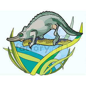 The clipart image shows a stylized chameleon walking on a green leaf or plant. The chameleon is depicted with a curved body, displaying gradient shading from dark green to light green and gray colors. It has a prominent eye and a curled tail characteristic of chameleons. The background is suggestive of a natural environment, possibly indicating a water body, hinted at by the blue color, and surrounded by green grass or foliage.