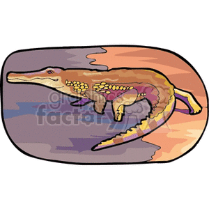 The clipart image depicts a stylized representation of a crocodile or alligator resting on a background with shades of purple, orange, and brown, suggestive of a natural, perhaps aquatic environment.