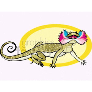 The clipart image shows a stylized lizard with a spiral tail and a brightly colored frill around its neck. It appears to be a cartoon depiction of a desert lizard, characterized by its long body, short legs, and extended frill which might be suggested as a display characteristic.