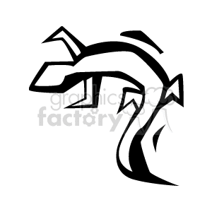 The image features a stylized, abstract representation of a lizard. The design is composed of bold black lines that outline the shape of the lizard, emphasizing its head, eye, and limbs with geometric angles and curves.