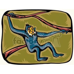 A colorful clipart image of a blue monkey hanging from tree branches, set against a green background.