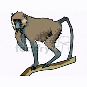 Clipart image of a baboon standing on a branch, pondering with one hand on its face.