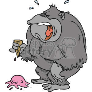 The image is a cartoon illustration of a gorilla looking very upset with tears streaming down its face. The gorilla is staring at a dropped ice cream cone on the ground, which is likely the source of its distress. The gorilla is holding the remaining part of the cone, with a little bit of pink ice cream still on it, which suggests that it has accidentally dropped it. This image employs anthropomorphism, attributing human-like emotions and behaviors to an animal.