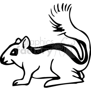 The image shows a black and white clipart of a chipmunk. The chipmunk is depicted in a side profile with its tail raised and bushy.