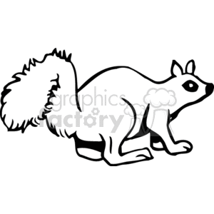 The image depicts a simple black and white line art drawing of a squirrel. The squirrel is shown in profile, with its characteristic bushy tail, alert eyes, and pointed ears.