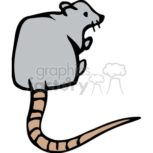 The image is a simple cartoon clipart of a single grey rat with a long tail, featuring minimal shading and detail. It is a side profile view of the rodent, and the rat appears to be standing on its hind legs with its forepaws held in front, and its ears are drawn flat against its body. The rat's whiskers and small eyes are visible, and its teeth protrude slightly from its closed mouth.