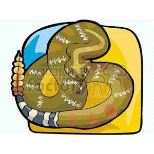 The image is a stylized clipart illustration of a coiled rattlesnake. The snake has a prominent rattle at the tip of its tail and is depicted with scales in varying shades of brown, yellow, and black. It has a forked tongue extended from its mouth.