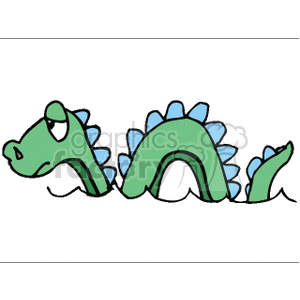 A cartoon illustration of a green sea serpent with blue spikes swimming in water.
