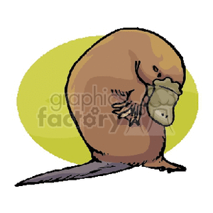 Clipart image of a platypus with a yellow background.