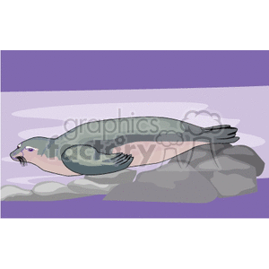 The clipart image depicts a cartoon of a seal lying on rocks with water in the background.