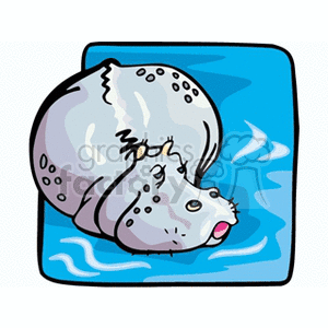 A clipart image of a grey hippopotamus resting in blue water.