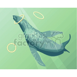 This is a clipart image featuring a seal swimming underwater and interacting with three hoops. The seal appears to be in motion, likely performing or practicing tricks, which might be associated with a show or training session.