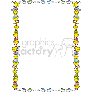 This image is a decorative border or frame designed in a clipart style for Easter-themed projects. The border is composed of Easter chicks and eggs arrayed around the perimeter, creating a festive frame. The chicks are depicted in various playful poses, some standing while others are in hatched eggs. The eggs are decorated in pastel colors, which are traditional for Easter decorations. The center of the image is blank, allowing for text or additional graphics to be inserted. This border would be ideal for a flyer, invitation, or any kind of announcement related to Easter celebrations.