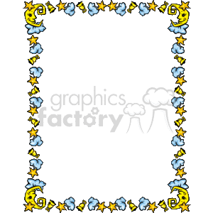   This is a decorative border featuring a night-time theme. It includes a smiling crescent moon wearing a nightcap, fluffy clouds, yellow stars, and smaller golden bells. The elements are arranged in a repeating pattern to create a frame around the empty center of the image, which can be used to enclose text or other content. The clipart style is cartoonish and playful, suggesting it could be well-suited for children
