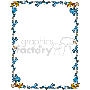 This clipart image features a decorative border with a marine or ocean theme. The border is adorned with elements commonly associated with the sea, such as aquatic plants, fish, seashells, and waves. The colors used within the border elements are blues, yellows, and touches of other colors, giving the impression of a lively underwater scene. The center of the image is left blank, allowing for text or other content to be placed within the border, making it an ideal frame for various types of visual and textual content.