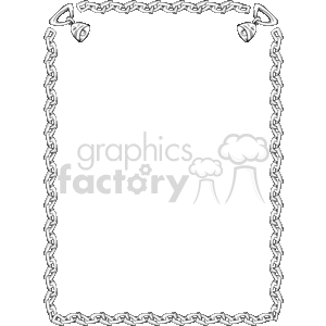 The image is a black and white clipart that features a decorative border. The border is composed of ornamental elements that resemble linked chains with a repeating pattern. Additionally, there are objects that appear to resemble bells with a decorative design, suspended from a chain at the top corners of the frame, suggesting a possible thematic connection to religion or ceremonial use. The entire design creates an elaborate frame which could be used for certificates, pages, or as a decorative element in various print or digital media. The image is monochromatic, giving it a classic and versatile appearance.