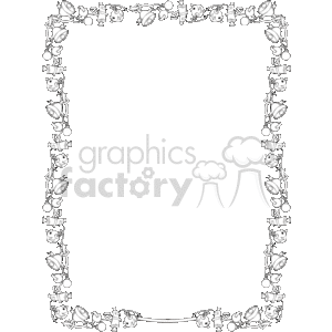 The image is a monochrome clipart of a decorative border. This border features an intricate design with various bells, leaves. Such a border could be used for a variety of decorative purposes, including framing text or images on birthday cards, invitations, or other celebratory documents. The design is symmetrical along the vertical axis, offering a balanced and appealing aesthetic for various uses.