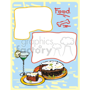 Clipart image featuring a cake with white frosting and herbs, a slice of cake on a separate plate, a cocktail with a lemon slice, and hand-drawn food doodles on a blue background. There are two text boxes, one large and one small, for adding text.