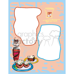 A colorful clipart image featuring various food and drink illustrations including a beverage in a glass labeled 'Scotch', a bottle, a smoking drink, and plates of food. The image has empty spaces for text, bordered in different colors.