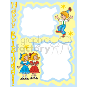 Clipart image featuring a birthday theme with three children: one boy wearing a party hat and two girls in dresses. The image has two blank spaces for adding text, surrounded by a festive border. 'Happy Birthday!' is written vertically on the left side.