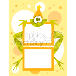 A cheerful, cartoon-style frog wearing a party hat and holding two orange-framed photo slots, set against a yellow background with circular patterns.