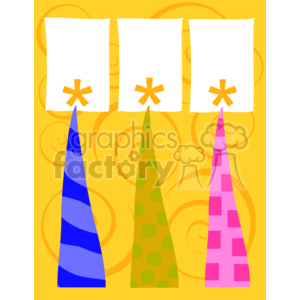 A colorful clipart image featuring three stylized Christmas trees with different patterns (stripes, polka dots, and squares) topped with asterisks, set against a vibrant yellow background with spiral designs.