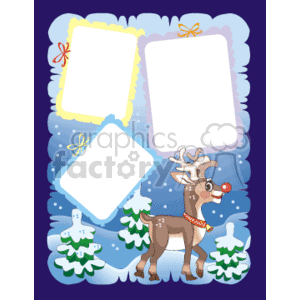 A festive clipart image featuring a cute reindeer with a red nose in a snowy landscape with decorated evergreen trees and three blank frames for adding pictures or text.